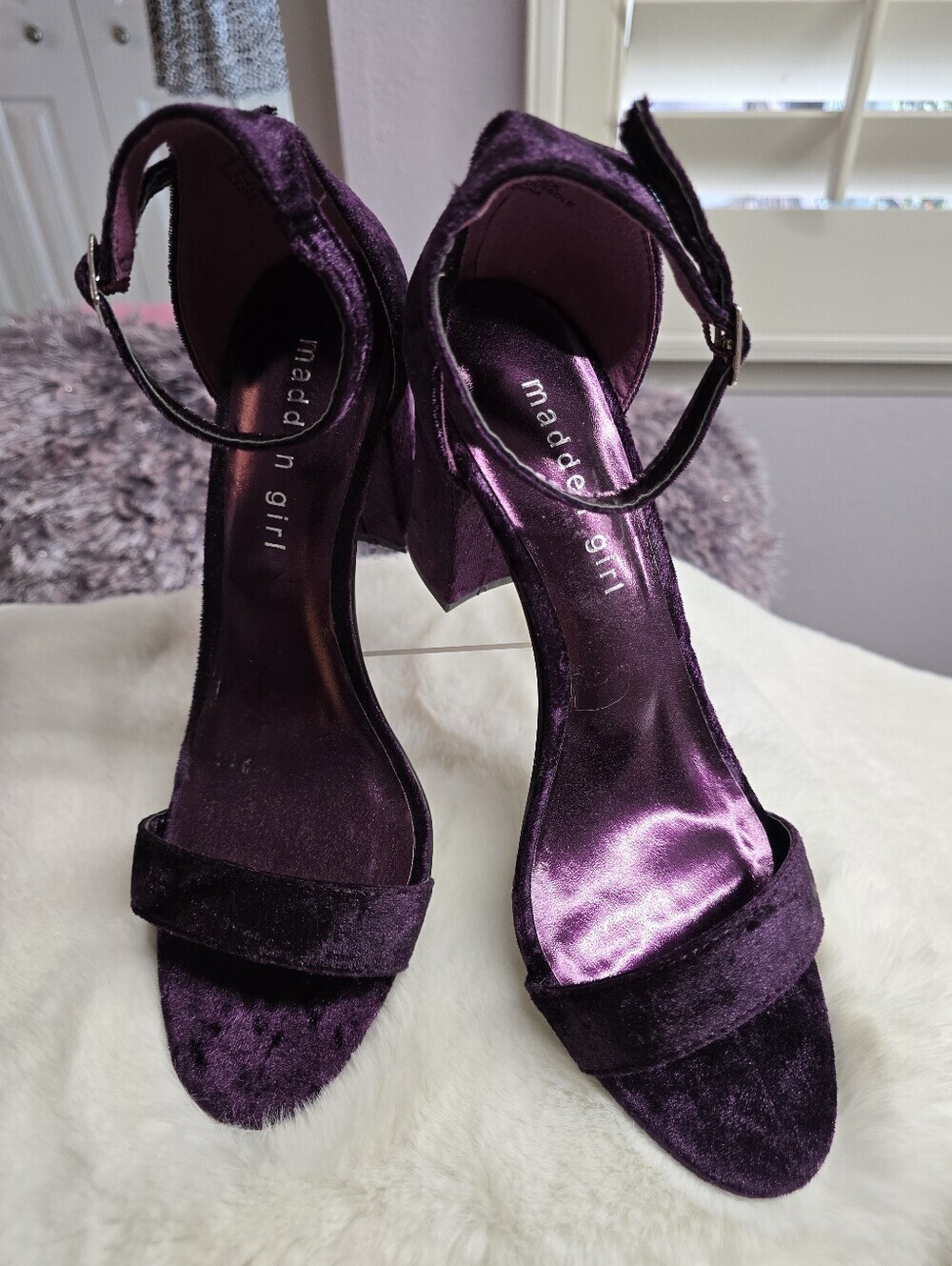 Madden Girl "Beella" Deep Purple Velvet Ankle-Strap Block Heels